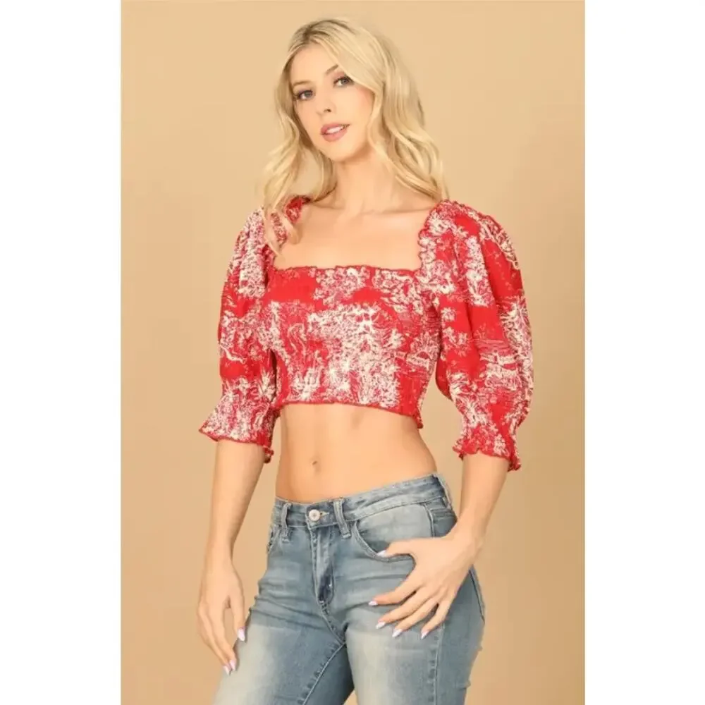 Red Toile Print Smocked Cottagecore Crop Top Puff Sleeve Size Medium - Picture 2 of 6